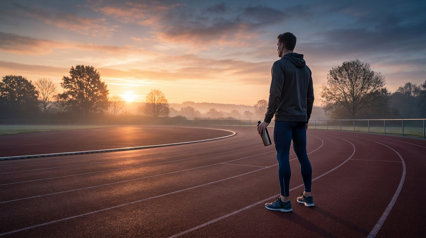 Un athlète debout sur une piste d'athlétisme au lever du soleil, tenant un shaker de protéines à la main.