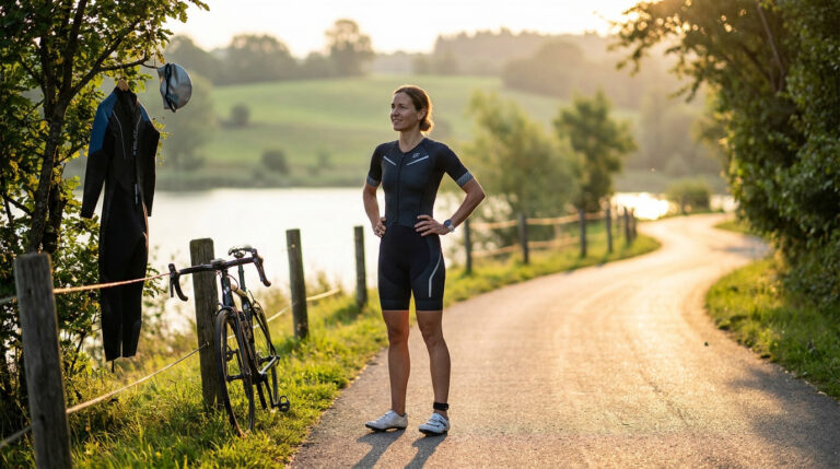 Une triathlète en tenue de sport se tient sur un chemin au bord d'un lac, avec son vélo et sa combinaison à proximité.