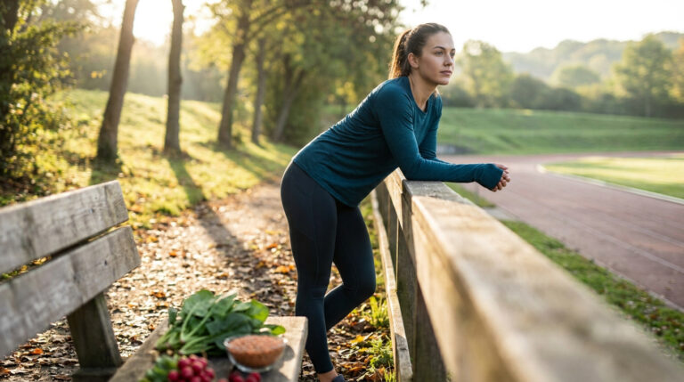 Une sportive fatiguée accoudée à une barrière avec des aliments riches en fer sur un banc à côté d'elle.