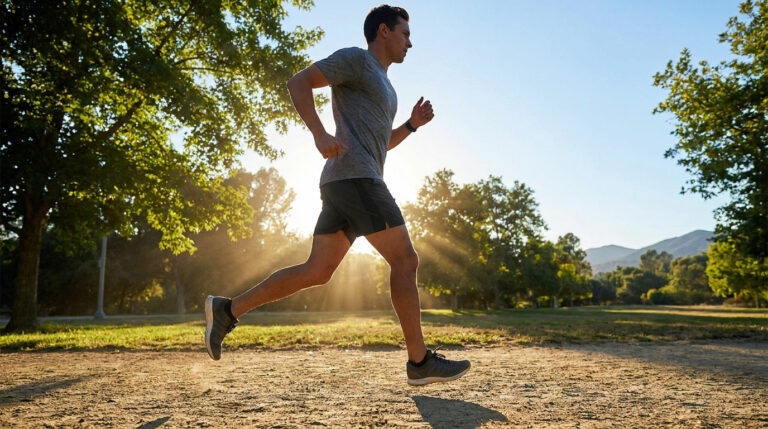 Un homme en tenue de sport court sur un chemin en terre, éclairé par les rayons du soleil à travers les arbres.
