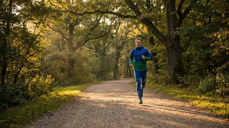 Un coureur en tenue de sport s'entraîne sur un sentier en forêt sous une lumière dorée de fin de journée.