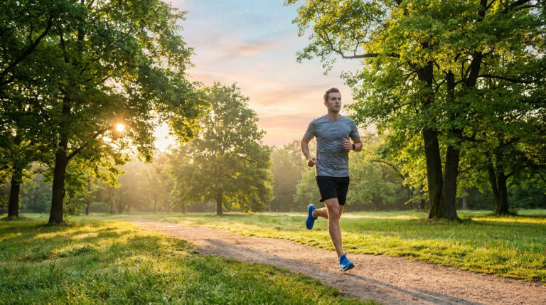 Un homme court sur un chemin dans un parc verdoyant au lever du soleil.