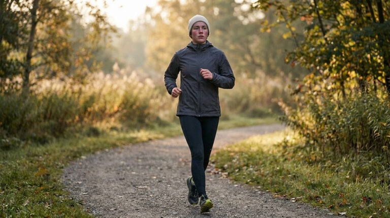 Une coureuse en tenue de sport hivernale court sur un sentier en forêt à l'aube.