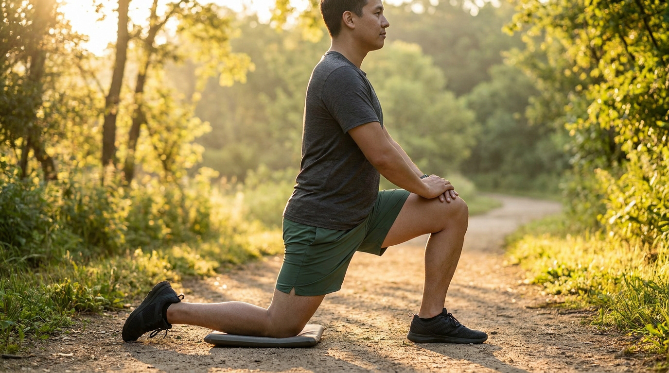 Un coureur effectue une fente au sol pour étirer son psoas sur un chemin en forêt sous une lumière dorée.