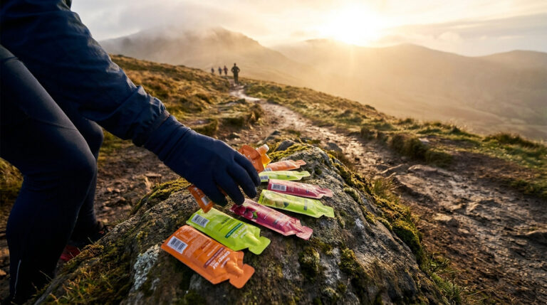 Un coureur choisit un gel énergétique posé sur un rocher avec un sentier de montagne en arrière-plan au lever du soleil.