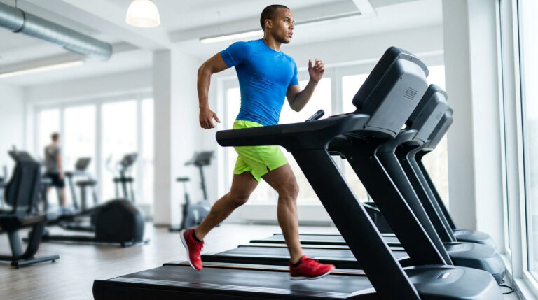 Un homme athlétique court à vive allure sur un tapis de course dans une salle de sport lumineuse.