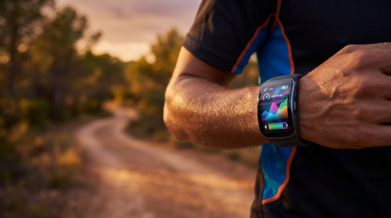 Coureur regardant sa montre GPS avec des graphiques colorés sur l'écran pendant une sortie en sentier au coucher du soleil.