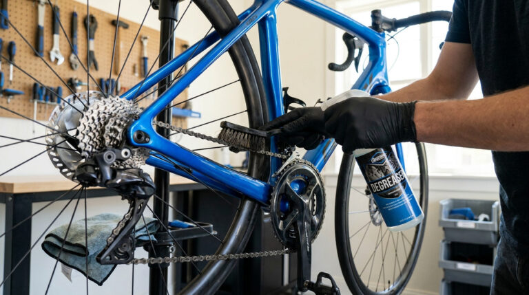 Une personne portant des gants noirs utilise une brosse et un dégraissant pour nettoyer la chaîne d'un vélo bleu.