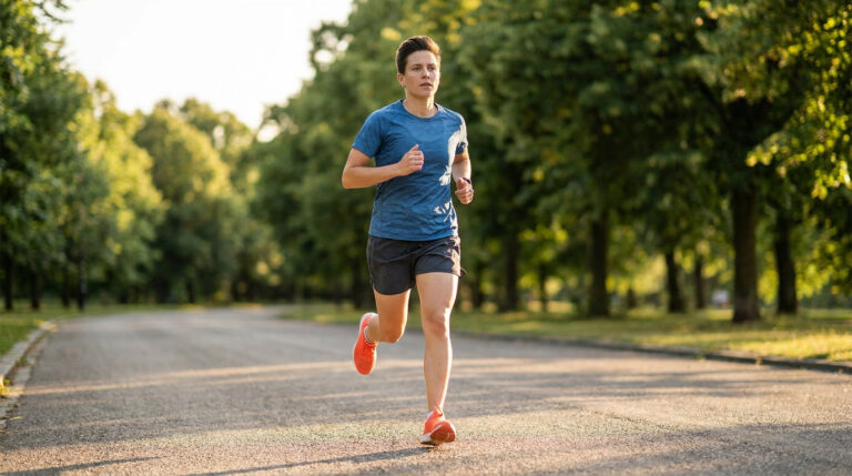 Une femme court sur un chemin ombragé entouré d'arbres, portant une tenue de sport bleue et des chaussures orange.