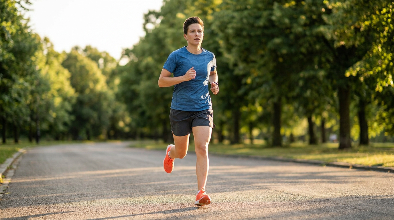 Une femme court sur un chemin ombragé entouré d'arbres, portant une tenue de sport bleue et des chaussures orange.