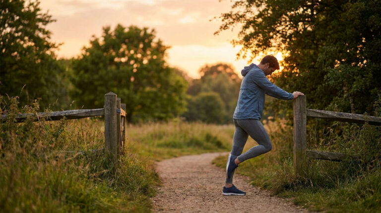 Un coureur s'étire en s'appuyant sur une barrière en bois sur un sentier naturel au coucher du soleil.