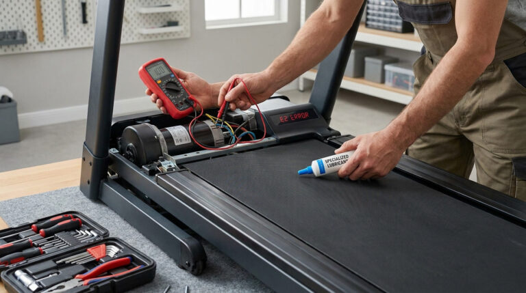 Un technicien utilise un multimètre sur le moteur d'un tapis de course affichant une erreur et applique du lubrifiant.
