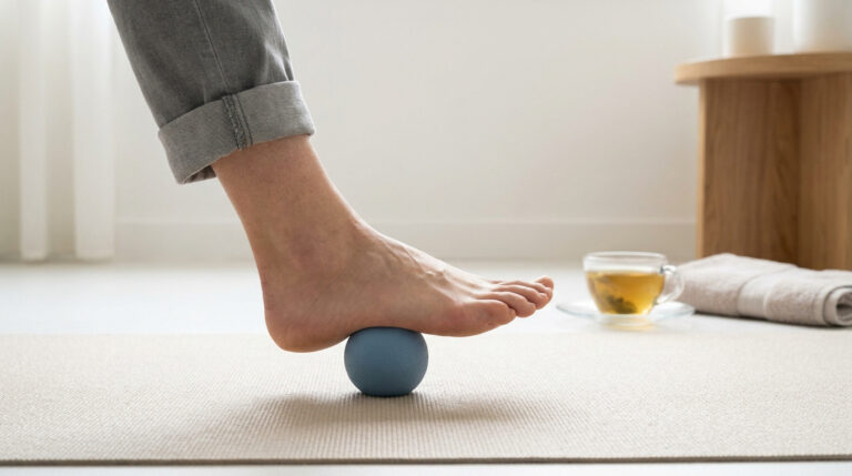 Une personne masse la voûte plantaire de son pied nu sur une balle de massage bleue posée sur un tapis de yoga.