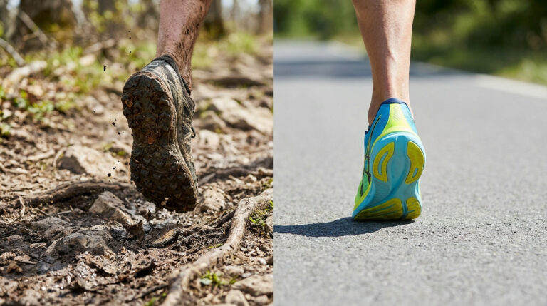 Comparaison visuelle entre une chaussure de trail sur terrain boueux et une chaussure de running sur route bitumée.