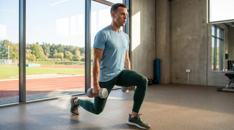 Un athlète en t-shirt bleu réalise des fentes avec des haltères dans une salle de sport face à une piste d'athlétisme.