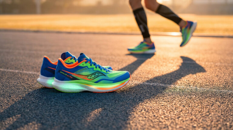Une paire de chaussures de running colorées posée sur une piste d'athlétisme avec un coureur en arrière-plan.