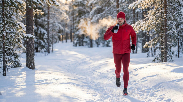 Un coureur en tenue rouge s'hydrate avec une gourde sur un sentier enneigé en forêt sous une lumière d'hiver.