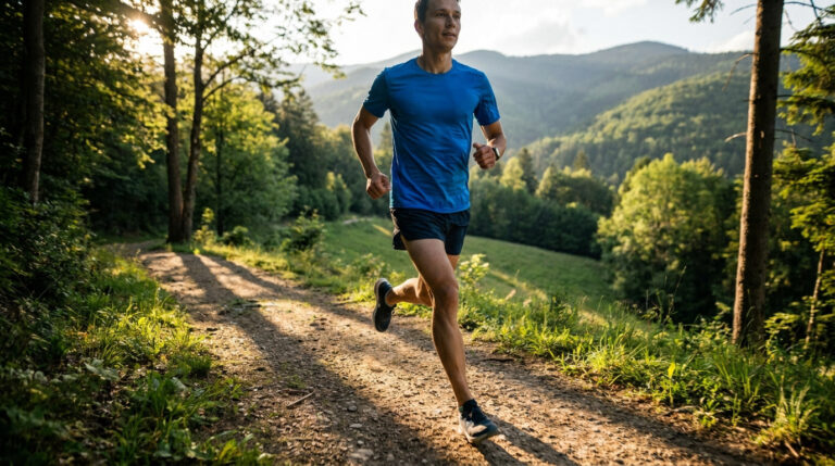 Un coureur en t-shirt bleu court sur un sentier en forêt lors d'une journée ensoleillée avec des montagnes en fond.