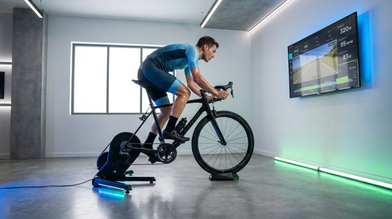 Cycliste s'entraînant en intérieur sur un vélo monté sur un home trainer connecté avec écran affichant ses données.
