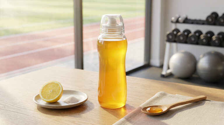 Une bouteille de boisson énergétique avec du citron, du sel et du miel sur une table devant une salle de sport.