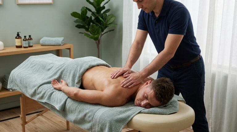 Un kinésithérapeute effectuant un massage du dos sur un patient allongé sur une table de massage.