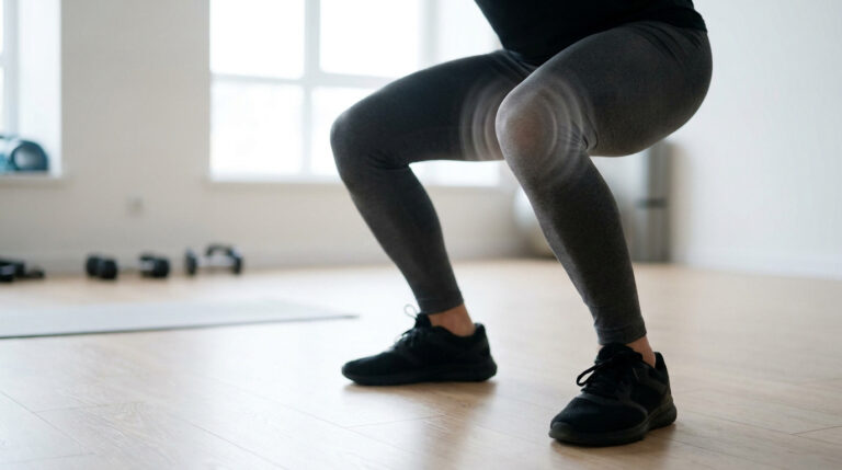 Vue latérale d'une personne faisant des squats avec un effet visuel de vibrations sur le genou.