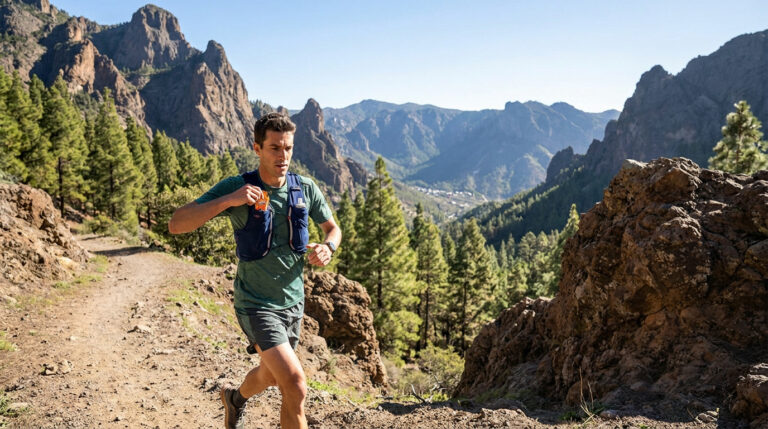 Un coureur de trail prend un gel énergétique tout en courant sur un sentier de montagne ensoleillé.