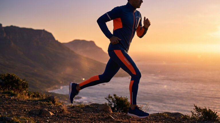 Un coureur en tenue de sport bleue et orange court sur un sentier côtier au coucher du soleil avec des montagnes.