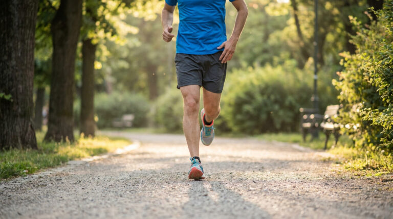 Un coureur en tenue de sport s'entraîne sur un chemin de terre dans un parc par une journée ensoleillée.