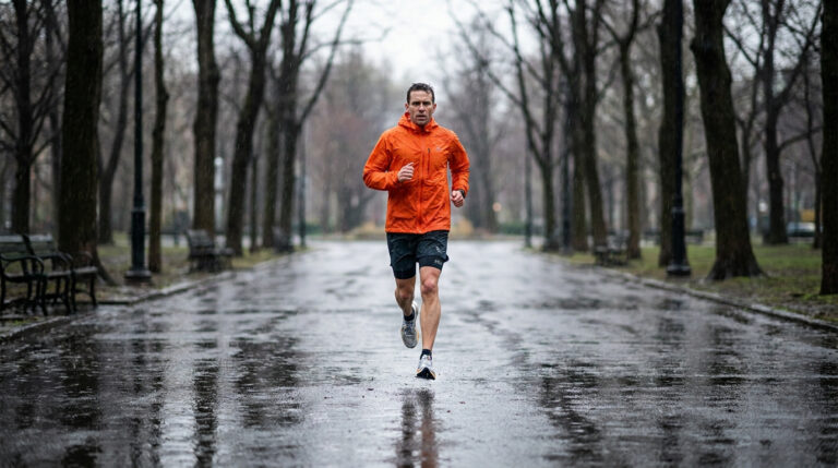Un coureur en veste orange court sur une allée de parc mouillée par la pluie, entouré d'arbres dénudés.
