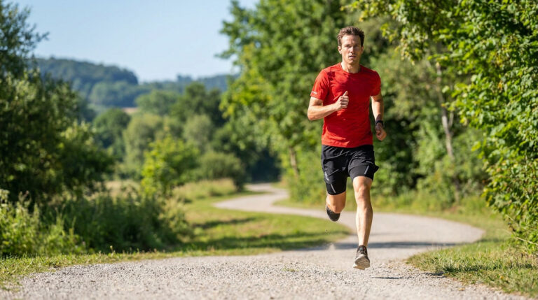 Un coureur vêtu d'un t-shirt rouge et d'un short noir court sur un chemin de terre entouré d'arbres.