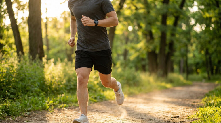 Un homme en tenue de sport court sur un chemin forestier en portant une montre GPS connectée au poignet.