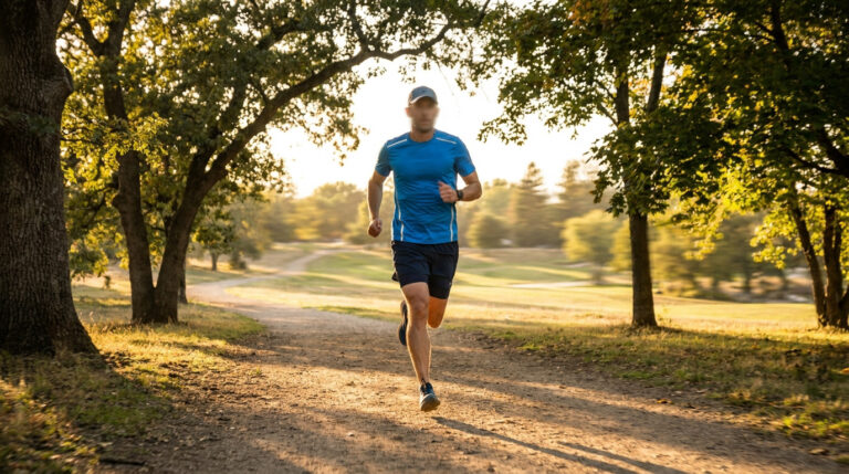 Coureur masculin en t-shirt bleu s'entraînant sur un sentier en forêt lors d'un coucher de soleil doré.