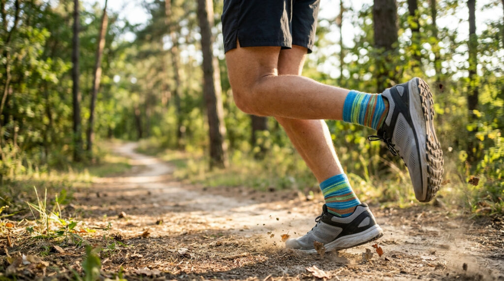 Gros plan sur les jambes d'un coureur portant des chaussettes à orteils colorées sur un sentier forestier ensoleillé.