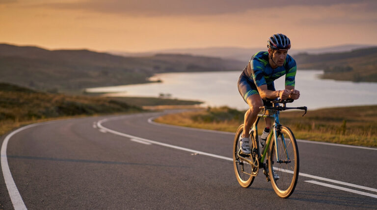 Un triathlète en tenue de cyclisme roule sur une route sinueuse près d'un lac lors d'un coucher de soleil.