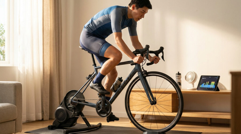 Cycliste portant une tenue de sport s'entraînant intensément sur un vélo monté sur un home trainer interactif.
