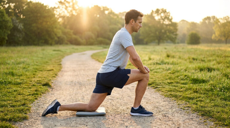 Un coureur effectue une fente au sol en extérieur pour étirer son psoas, les mains posées sur son genou avant.