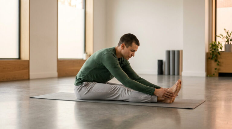 Un homme en t-shirt vert et pantalon gris pratique des étirements au sol dans un studio de yoga lumineux.