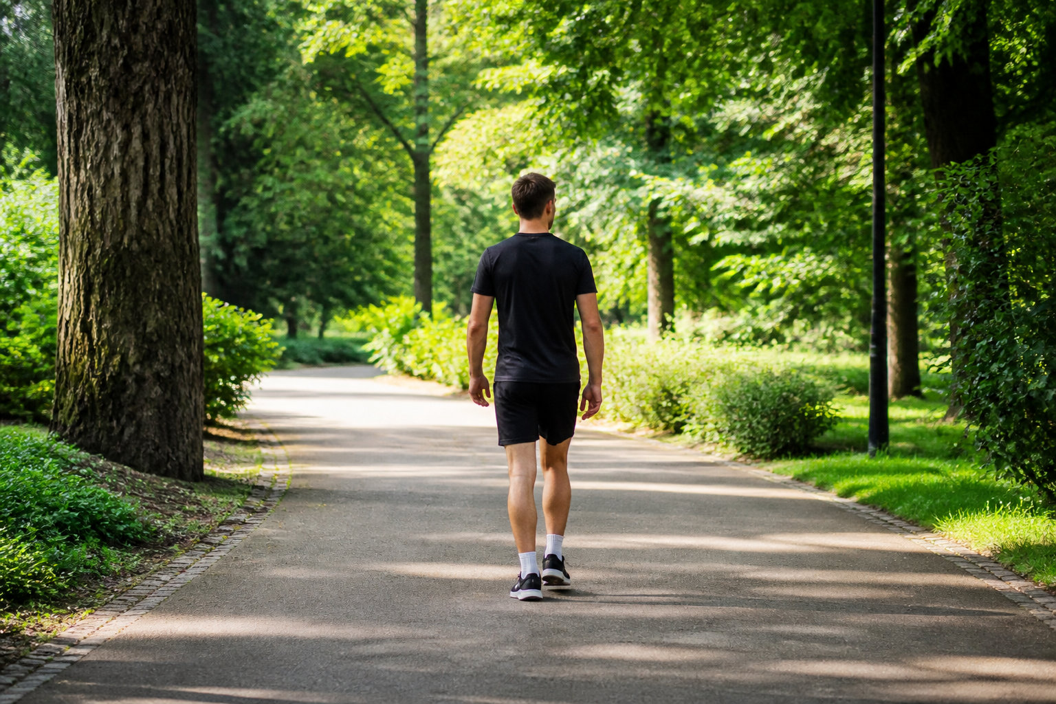 Un homme marche sur une allée arborée dans un parc.