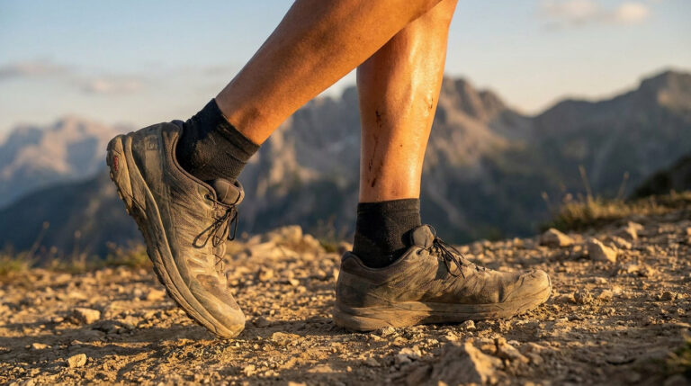Gros plan sur les jambes et les chaussures de trail d'un coureur sur un sentier montagneux au coucher du soleil.