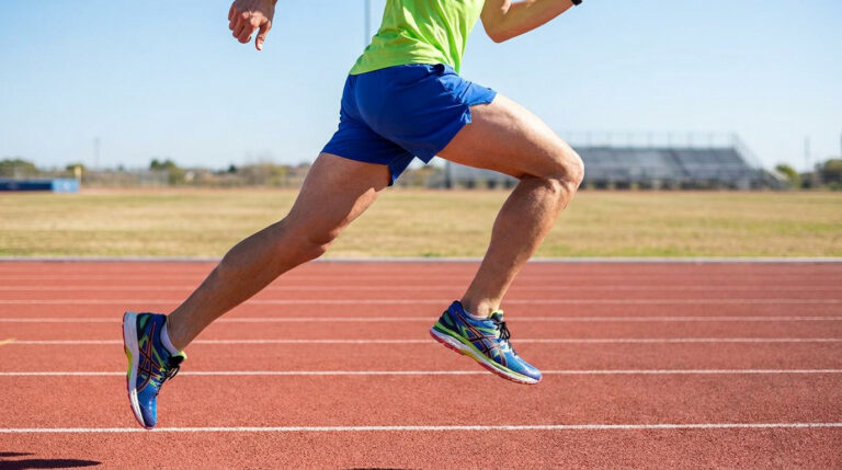 Vue latérale d'un coureur en plein effort sur une piste d'athlétisme.