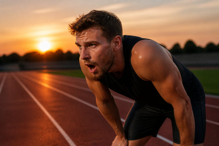 Un coureur épuisé reprend son souffle sur une piste d'athlétisme au coucher du soleil.