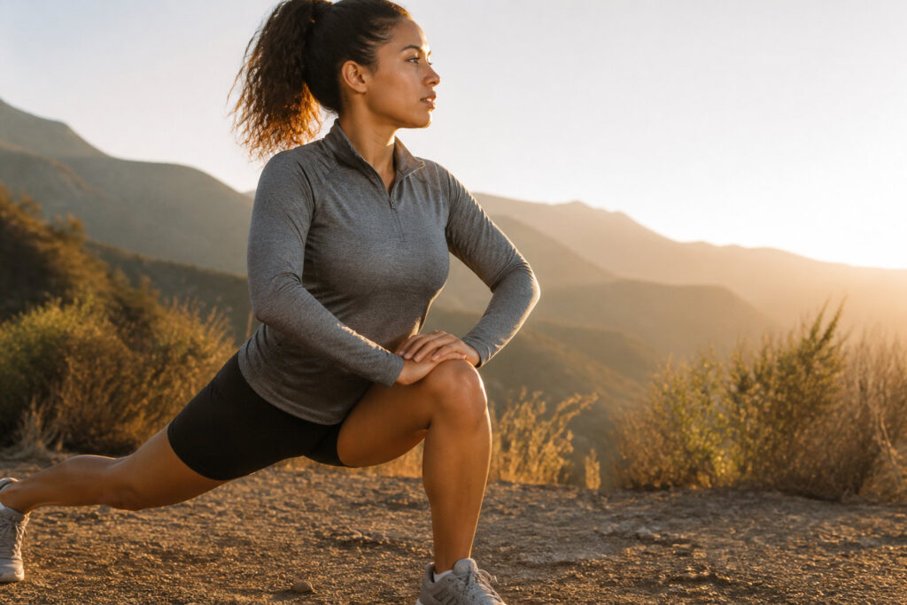 Femme athlétique faisant une fente pour étirer ses hanches dans un paysage de montagnes au coucher du soleil.