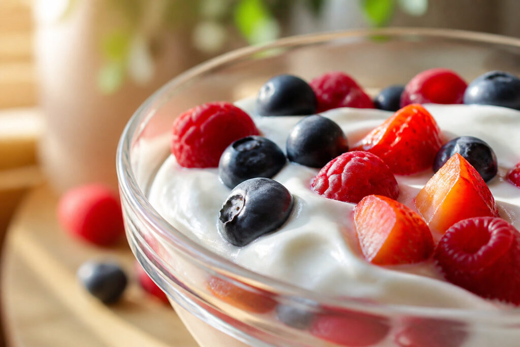 Bol en verre rempli de yaourt grec onctueux garni de framboises, de myrtilles et de fraises fraîches.