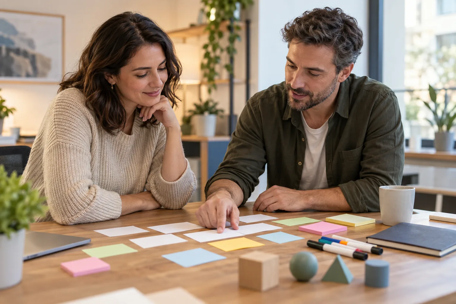 Deux adultes structurent ensemble un récit et un projet avec des cartes vierges.
