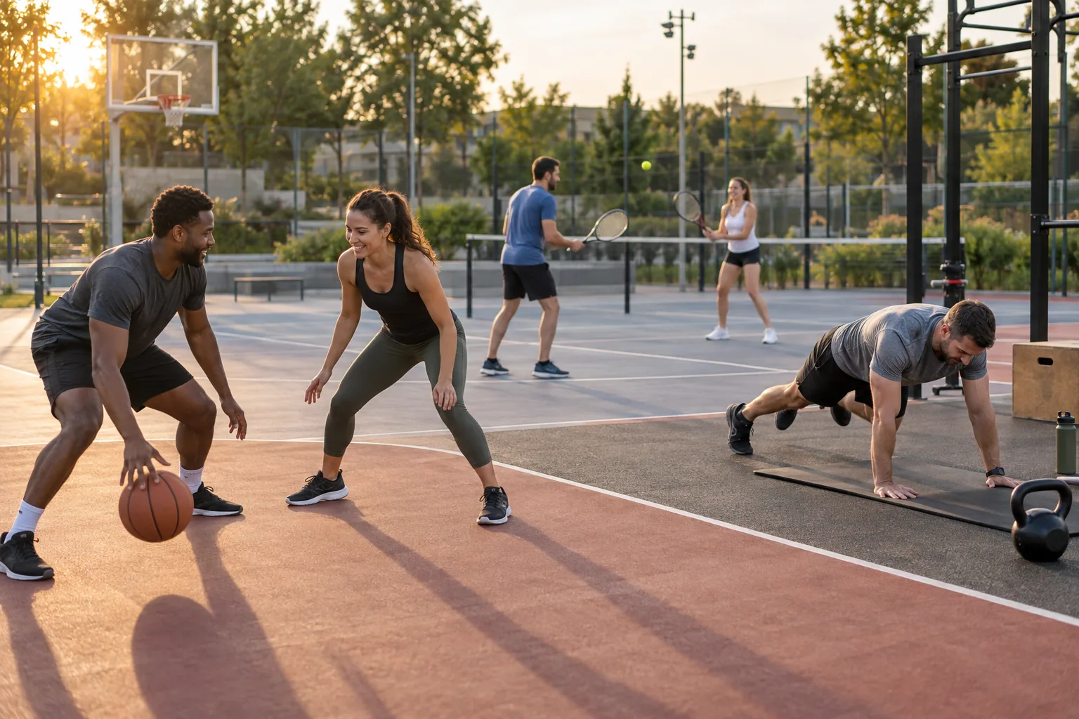 Un groupe d’adultes pratique différentes activités sportives sur un terrain extérieur polyvalent.