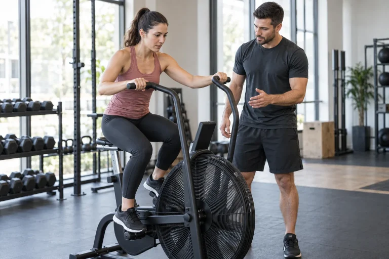 Une adulte utilise un air bike générique à intensité modérée sous supervision.