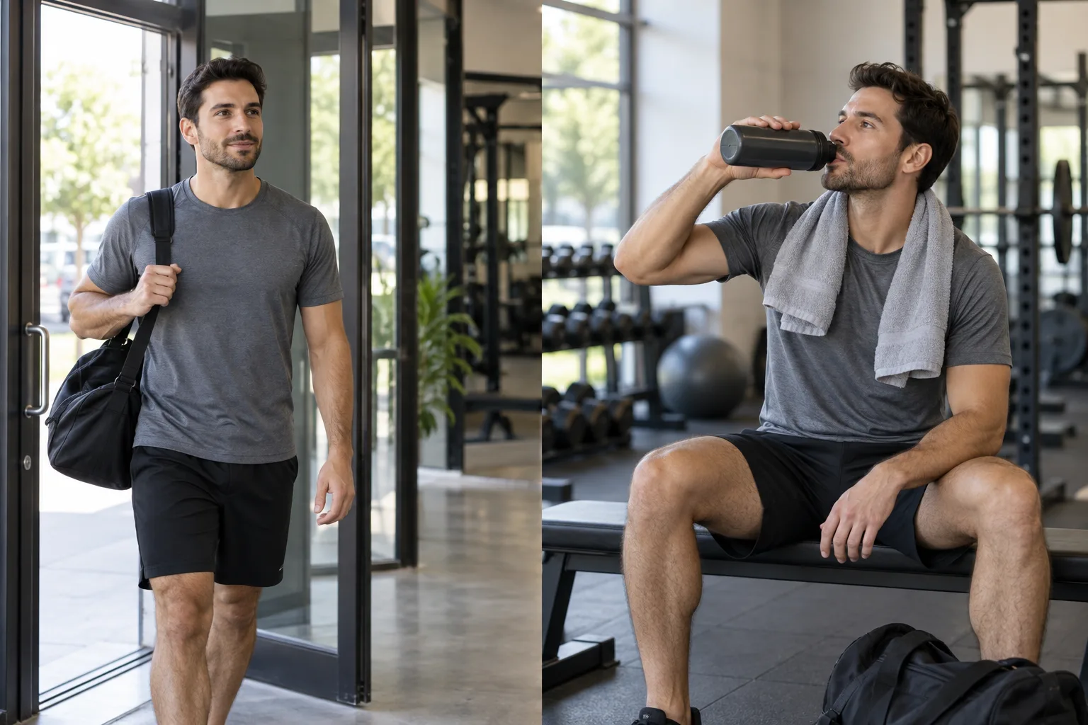 Un sportif entre dans une salle générique puis prend un temps de récupération.