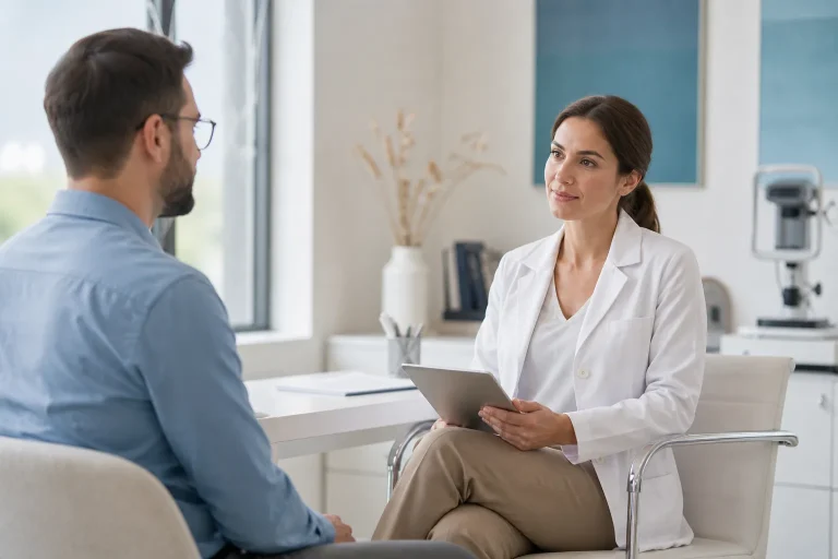 Une professionnelle de santé échange avec un patient dans un cabinet de consultation lumineux.