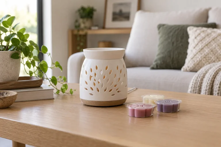 Un diffuseur de cire générique éteint est posé sur une table stable avec des capsules à côté.